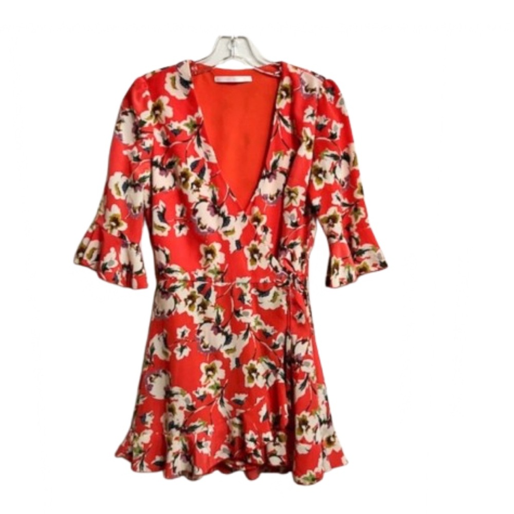 Zara Trafaluc Red Floral Wrap Mini Dress Bell Sleeve Ruffle Small